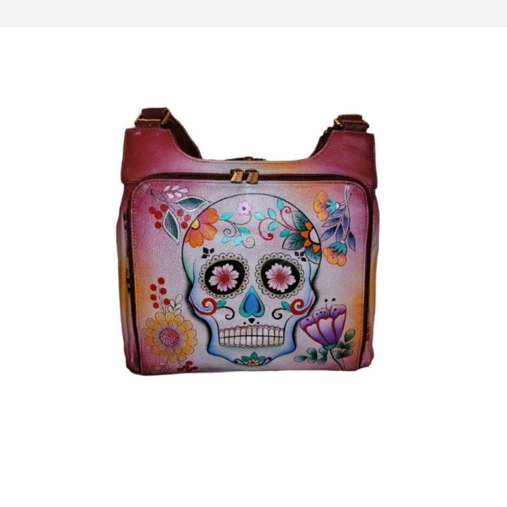 Anuschka Hand Painted Sugar Skull Dia de Los Muertos Shoulder bag, Purse Satchel